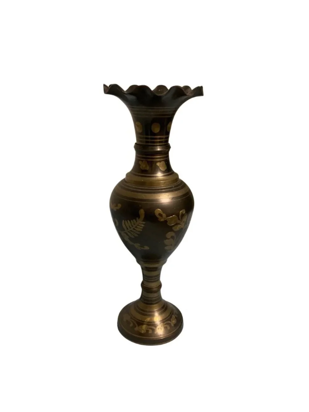 Vintage Brass Vase With Floral Engraving And Scalloped Rim 14